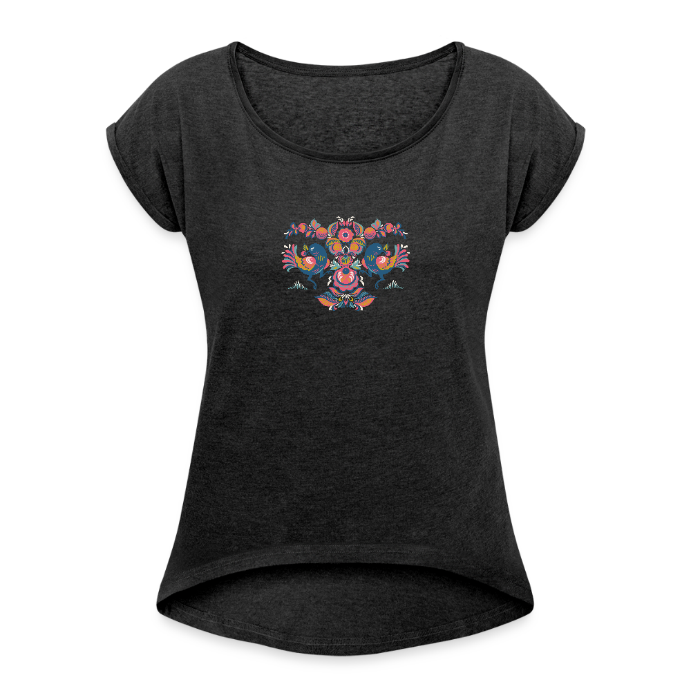 Vrouwen T-shirt met opgerolde mouwen - zwart gemêleerd
