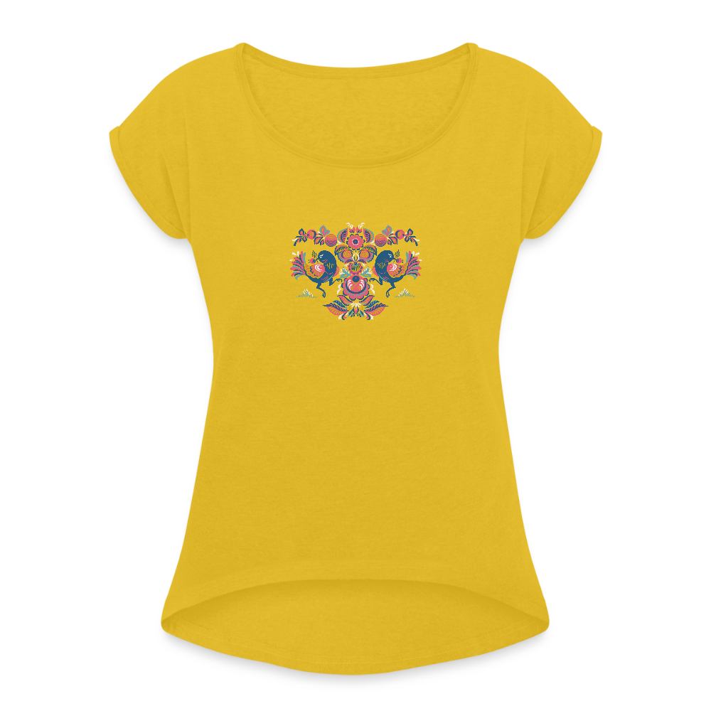 Vrouwen T-shirt met opgerolde mouwen - mosterdgeel