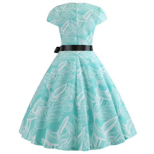 Hepburn Style Temperamentvolle Forens Bedrukte Vintage Jurk met Korte Mouwen en Strik voor Dames & Plus-size