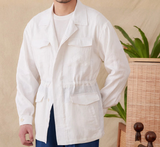 Trendy Losse Linnen Jacket met Knoopsluiting en Trekkoord voor Heren