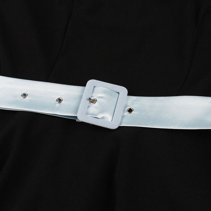 Hepburn Style Franse Retro Korte Mouwen Matrozen Swingjurk met Openstaande Kraag en Blauwe Riem voor Dames & Plus-size