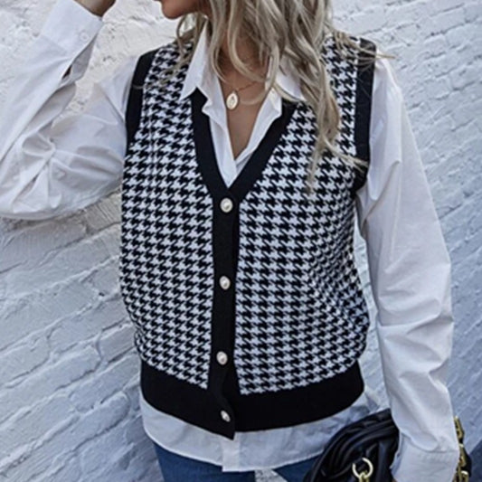 Europese en Amerikaanse Stijl Mouwloze Gebreide Trui-Vest met Geruitpatroon voor Dames
