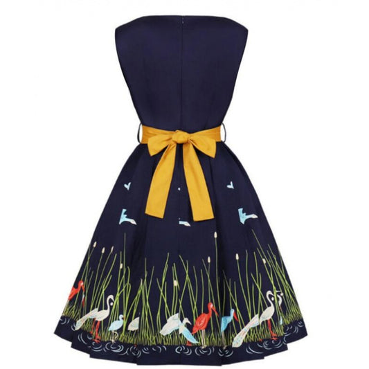 Hepburn Style Franse Vintage Vogelprint Jurk met Ronde Hals en Gele Riem voor Dames & Plus-size