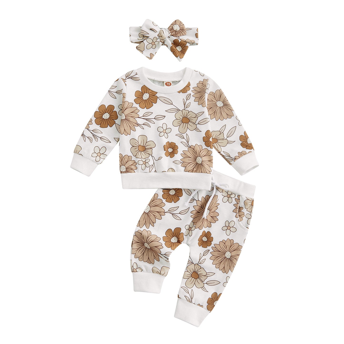 Casual Kinderoutfit 3-delig Bloemenmotief Sweatshirt & Joggingbroek en Haarband met Strik voor Meisjes