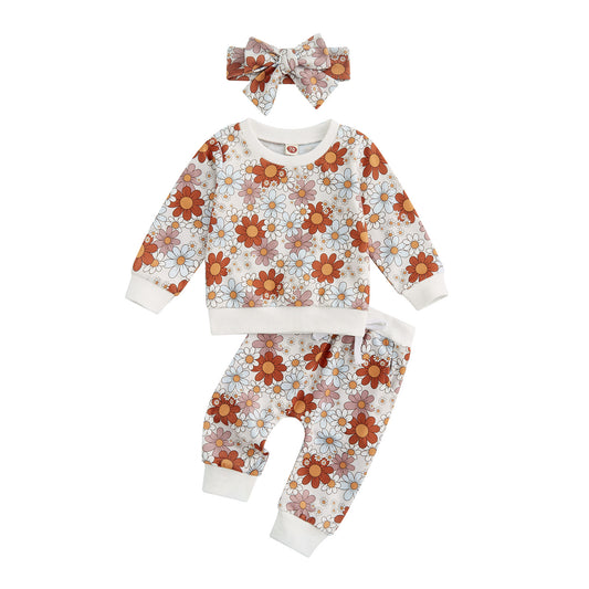 Casual Kinderoutfit 3-delig Bloemenmotief Sweatshirt & Joggingbroek en Haarband met Strik voor Meisjes