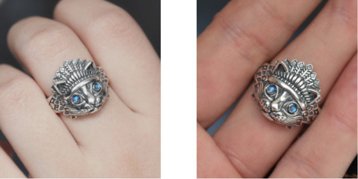 Vintage Ring met Maansteen en Indiase Kat voor Heren