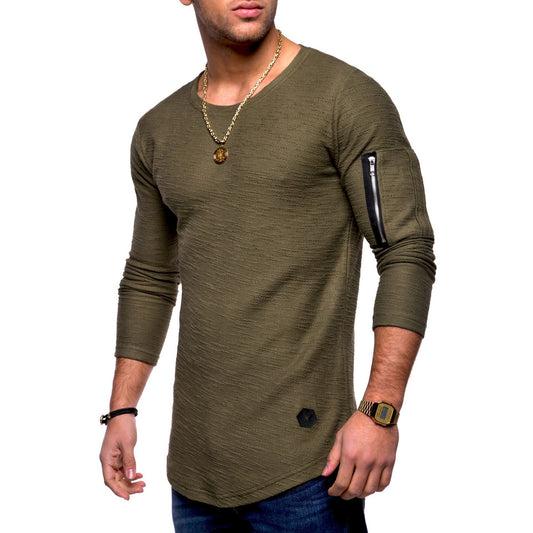 Amerikaanse Casual Effen Kleur Slim-Fit Longsleeve T-shirt met Ronde Hals en Ritsvak voor Heren