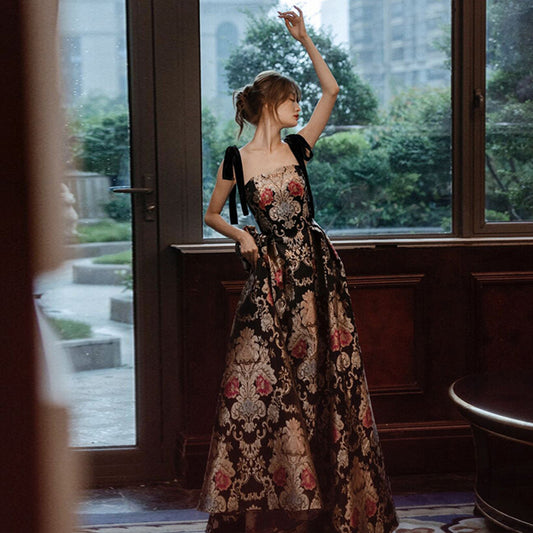 Elegante Unieke Franse Hoogwaardige Lange Vintage Jurk met Vierkante Kraag voor Dames & Plus-size