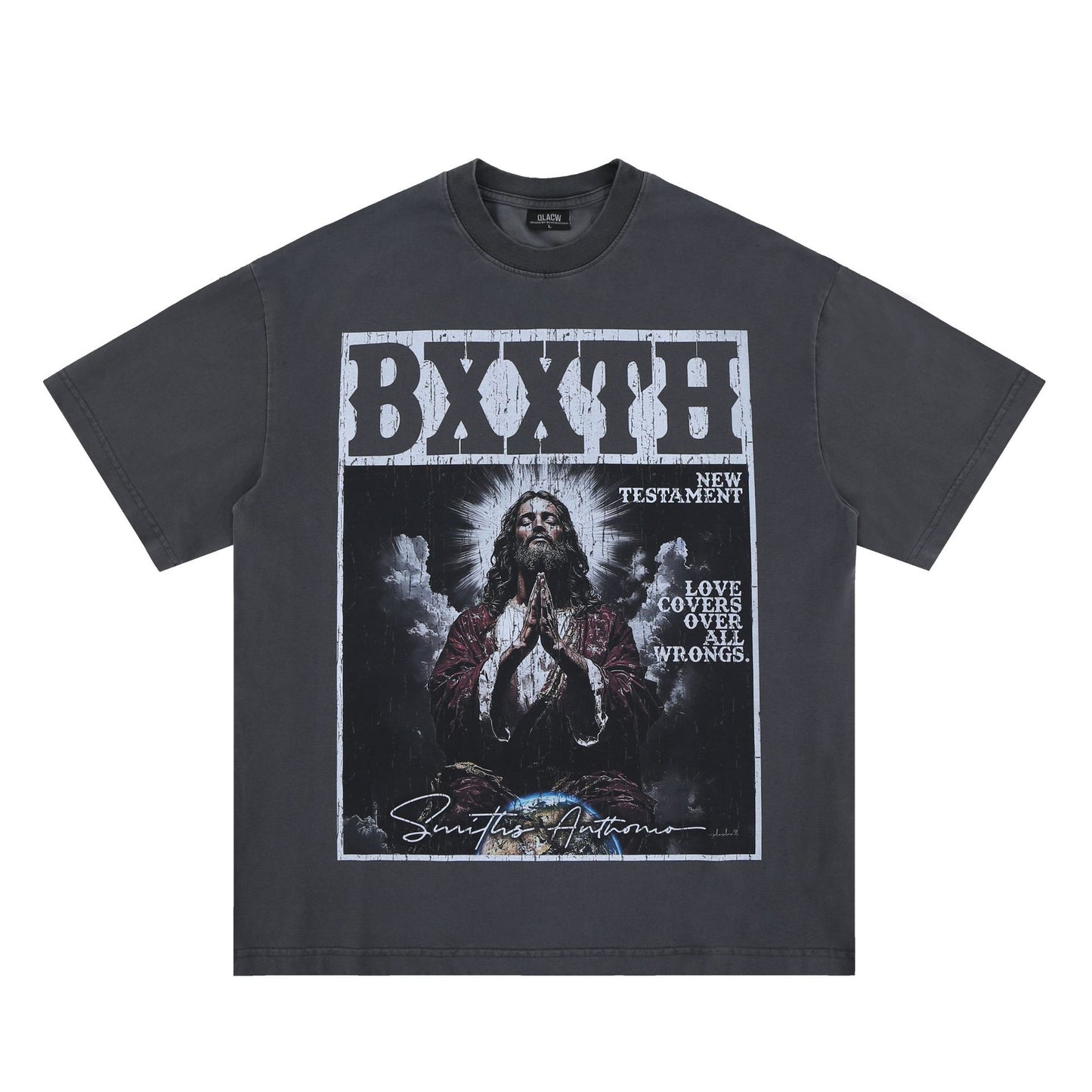 LANHAI Trendy Effen Kleur Oversized Casual Vintage Washed Ronde Hals T-shirt met Grafisch Bedrukte Gebedsprint en Korte Mouwen voor Heren