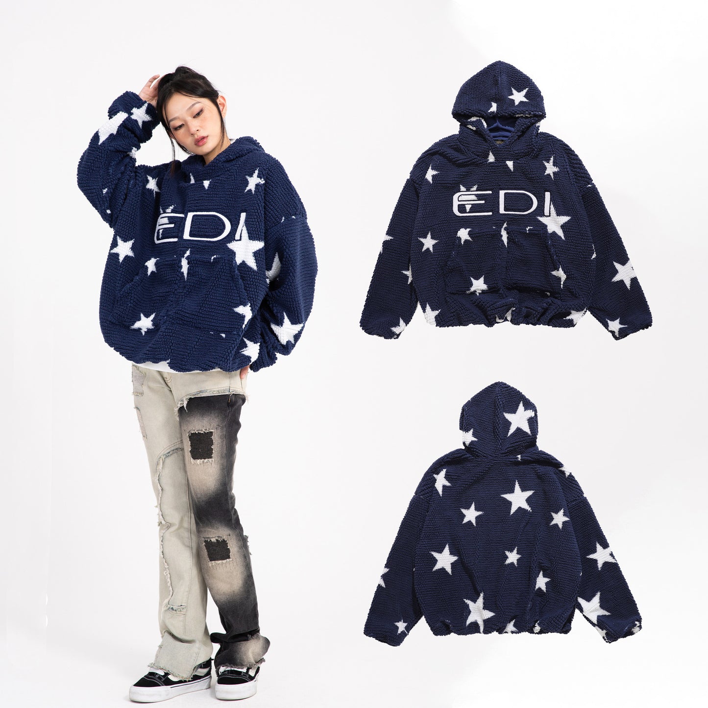 Amerikaanse Street Style Losse Capuchon Trui met Sterpatroon voor Unisex