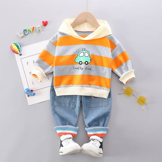 Kindermode 2-delig Outfit Gestreepte Hoodie met Autoprint & Jeans voor Baby's/ Peuters