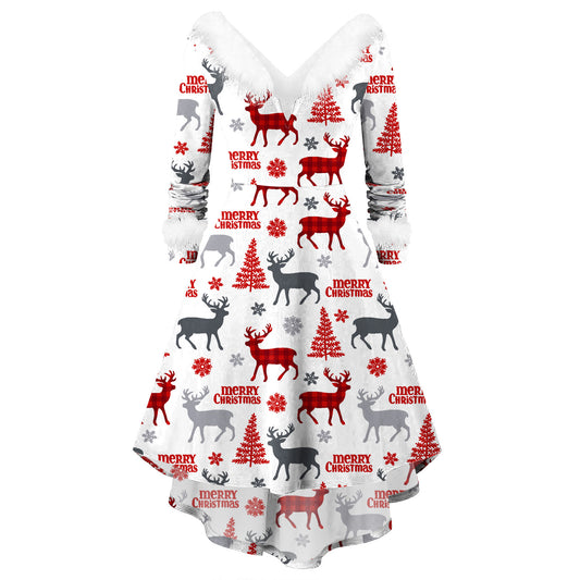 Kerstmis Elegante Bedrukte Kerstjurk met Lange Mouwen en V-hals voor Dames & Plus-size
