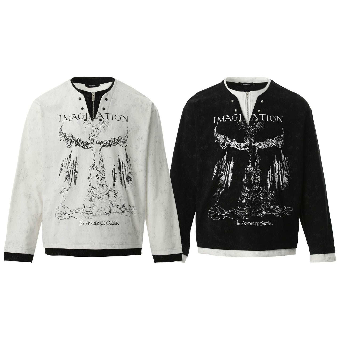 Amerikaanse Retro Punk Bedrukte Long Sleeve Tweedelig T-shirt met Parelknoopsluiting en V-hals voor Unisex