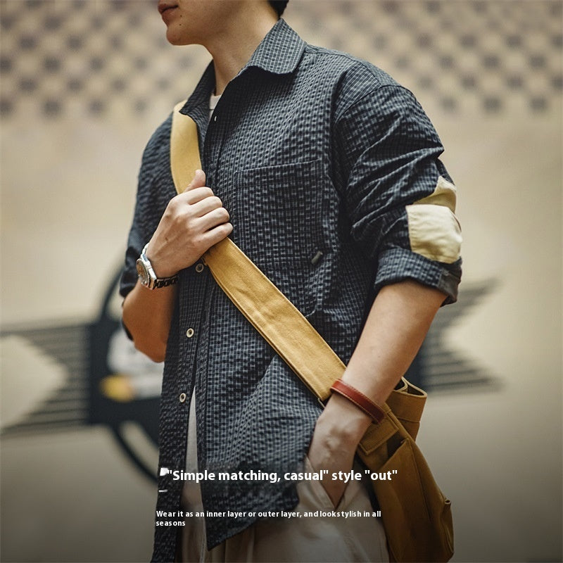 Workwear American Vintage Geruite Overhemd met Geborduurde Lapels Stiksels voor Heren