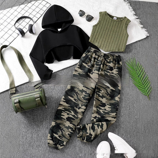 Britse Stijl Meisjes 3-delige Camouflage Outfit met Cropped Hoodie en Top & Joggingbroek voor Kinderen/ Tieners