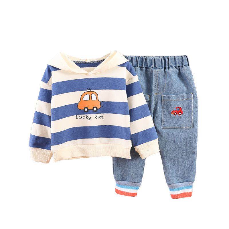 Kindermode 2-delig Outfit Gestreepte Hoodie met Autoprint & Jeans voor Baby's/ Peuters