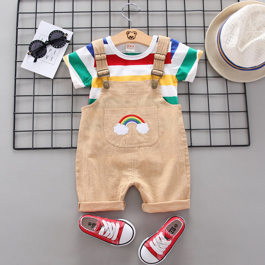 Trendy 2-delige Set Regenboog T-shirt met Korte Mouwen & Bibbroek voor Baby's/ Peuters