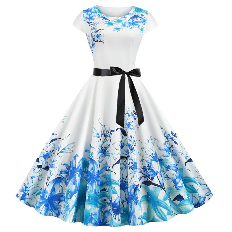 Hepburn Style Retro Bloemenprint Swingjurk met Ronde Hals en Korte Mouwen voor Dames & Plus-size