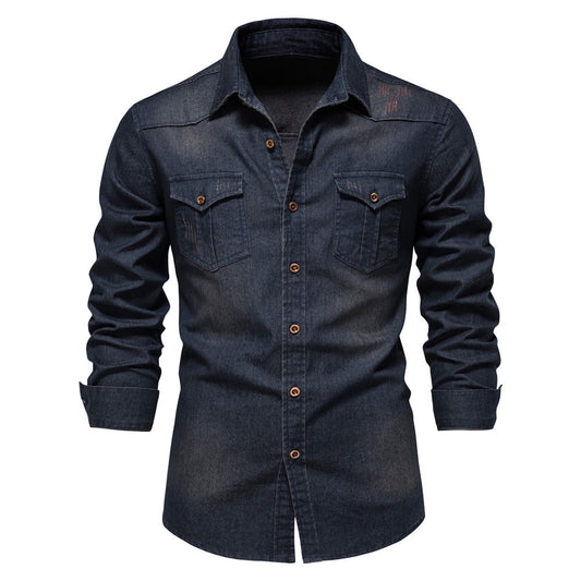 Stijlvolle Designer Casual Slim-Fit Spijker-Overhemd in Effen Kleur met Lange Mouwen en Zakken voor Heren