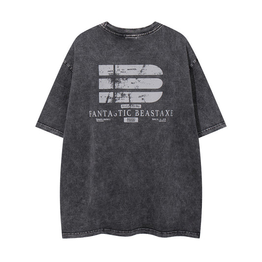 Trendy Klassieke Effen Kleur Oversized Casual Vintage Washed Letterprint T-shirt met Ronde Hals en Korte Mouwen voor Heren