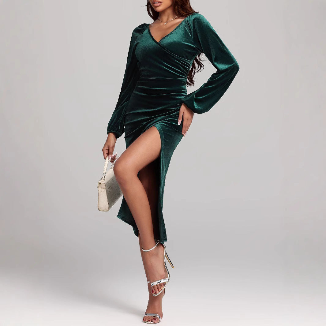 Kerstmis Amerikaanse Elegante V-hals Geplooide Fluwelen jurk met Split voor Dames