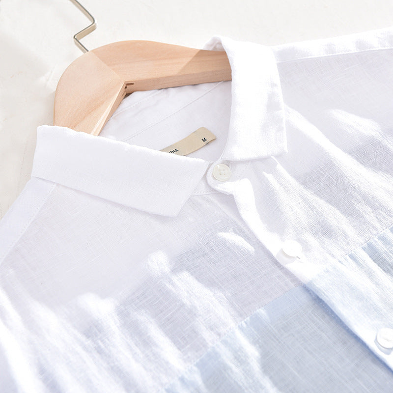 Trendy Casual Oversized Colour-Block Linnen Patchwork Overhemd met Korte Mouwen en Knoopsluiting voor Heren