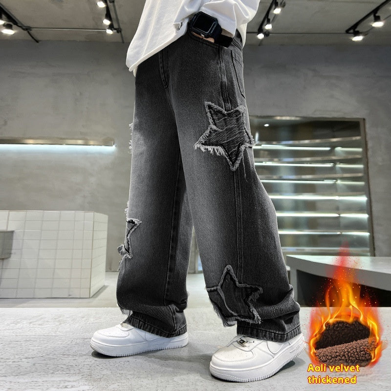 Jongens Jeans van Fluweel/ zonder Fluweel met Wijde Pijpen en Sterpatroon voor Kinderen/ Tieners