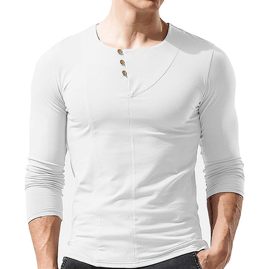 Amerikaanse Casual Effen Kleur Ronde Hals Henley T-shirt met Lange Mouwen en Korte Knoopsluiting voor Heren