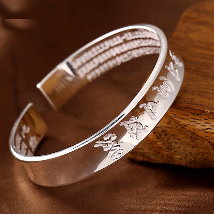 Zilveren Retro Zes-karakter Om Mani Padme Hum Tibetaanse Boeddhisme Armband voor Dames