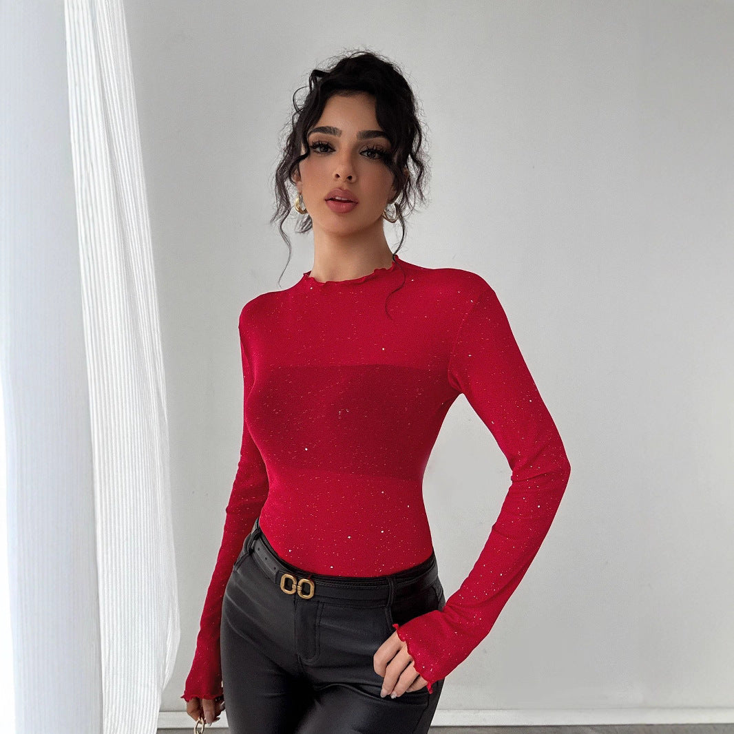 Europese Elegante Mesh Sprankelende Slim-fit Forensen Pailletten Top met Opstaande Kraag en Lange Mouwen voor Dames & Plus-size