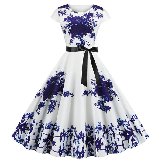 Hepburn Style Retro Bloemenprint Swingjurk met Ronde Hals en Korte Mouwen voor Dames & Plus-size