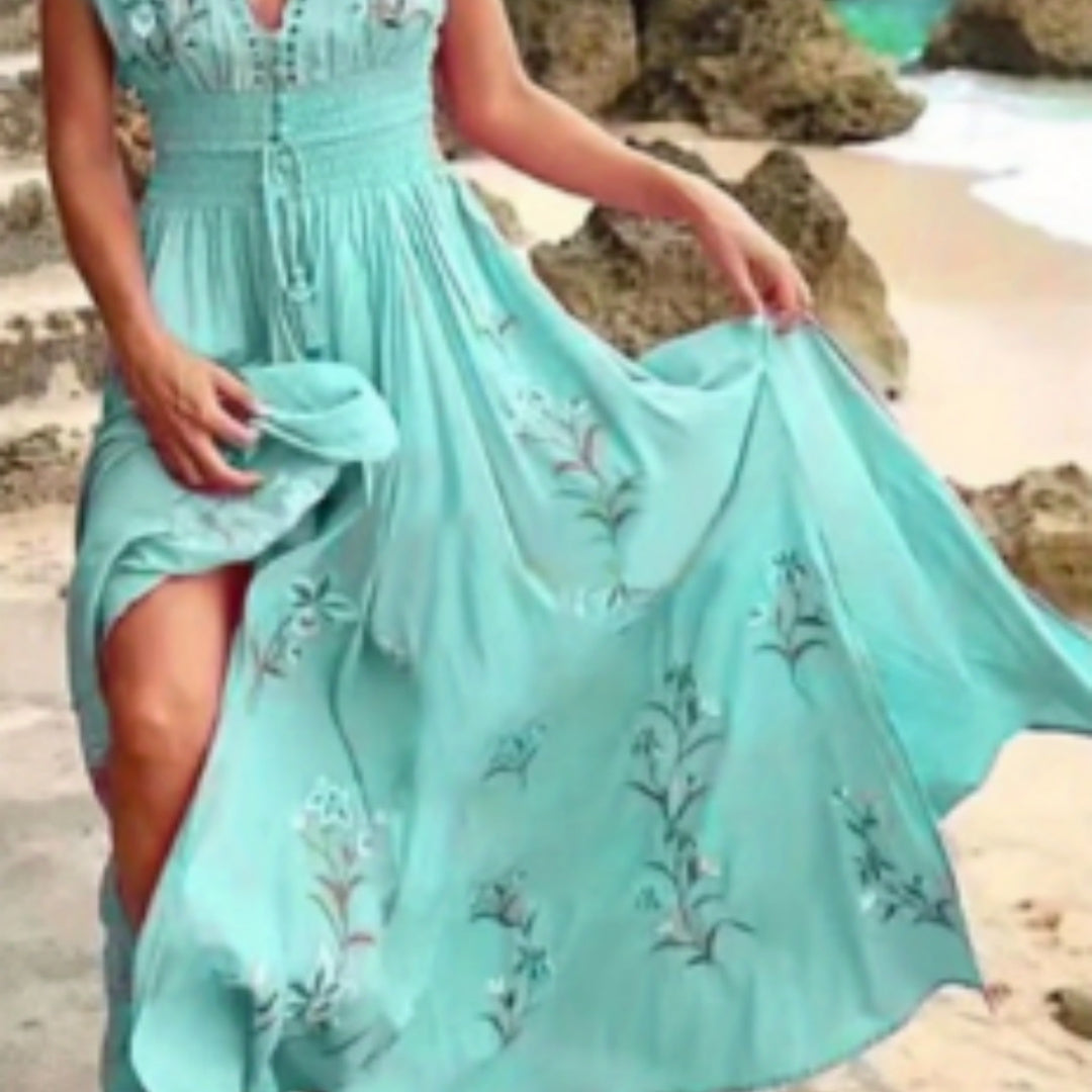 Vintage Mouwloze Oversized Bohemian Maxi-jurk met V-hals en Trekkoord voor Dames