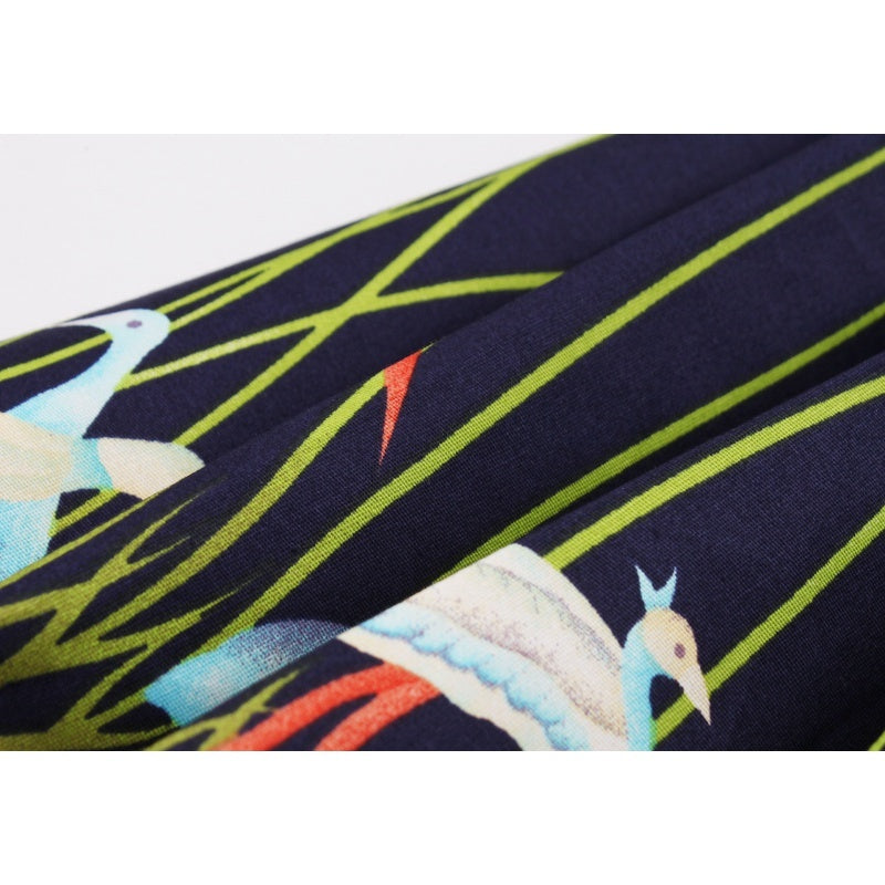 Hepburn Style Franse Vintage Vogelprint Jurk met Ronde Hals en Gele Riem voor Dames & Plus-size