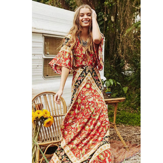 Uniek Ontwerp Casual Rode Vintage Bloemenprint Maxi Jurk met Open Rug en Lange Mouwen voor Dames