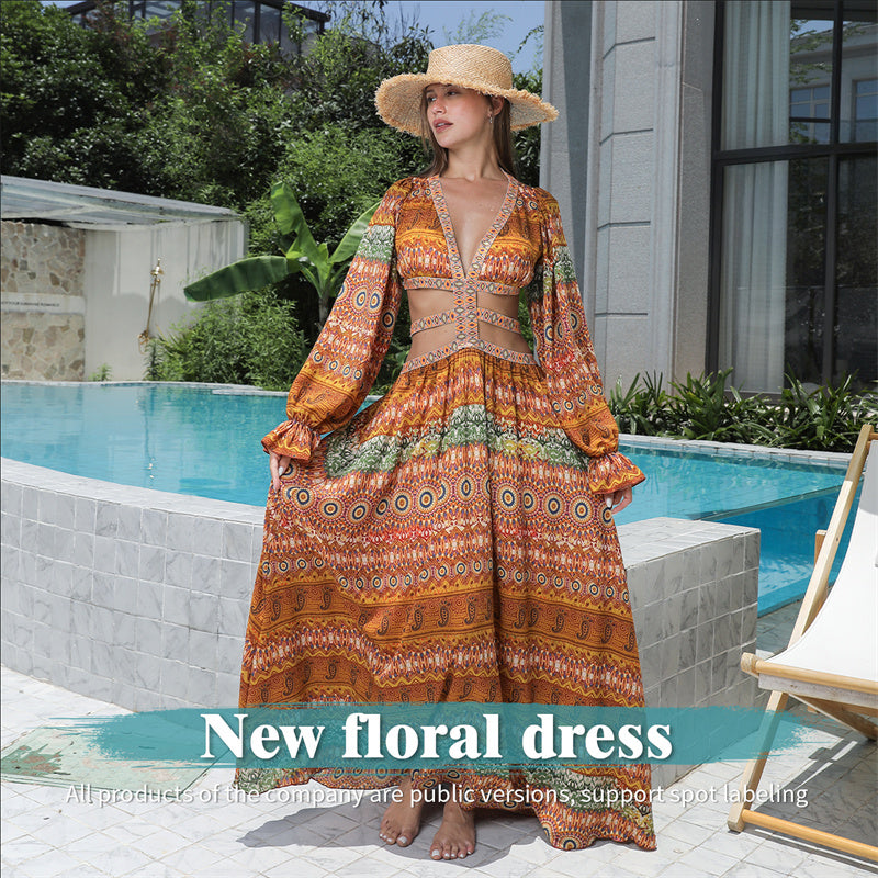 Elegante Vintage Bloemenprint Boho Maxi-jurk met V-hals en Lange Pofmouwen voor Dames & Plus-size