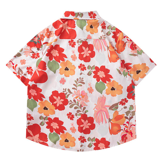 Modieuze Retro Kleurrijke Oversized Casual Vintage Korte Mouw Overhemd met Bloemenprint en Knoopsluiting voor Heren