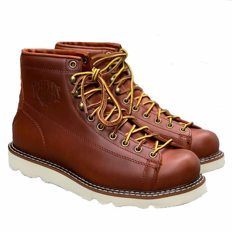 Amerikaanse Stijlvolle Retro Casual Effen Kleur Korte Workboots van Echt Leer met Doorlopende Vetersluiting voor Heren