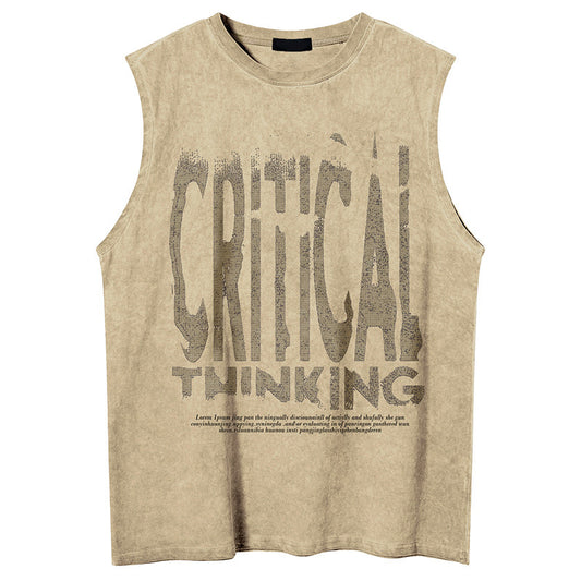 Trendy Klassieke Effen Kleur Mouwloze Casual Vintage Washed Tanktop met Ronde Hals en Vervaagde Letterprint voor Heren & Jongens