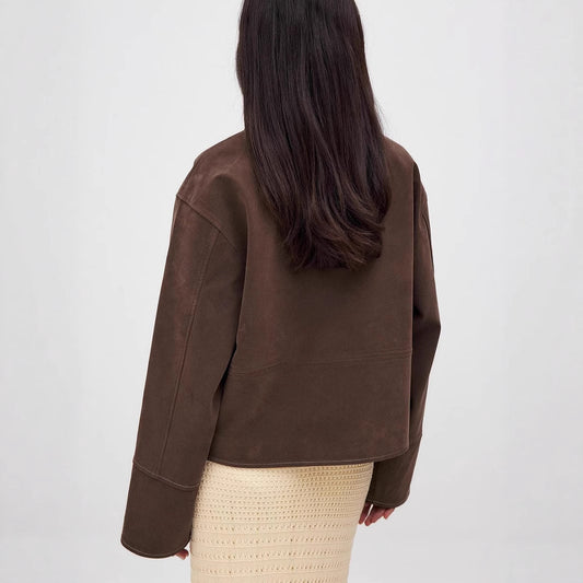 Europese en Amerikaanse Trendy Donkerbruine Suède Jacket met Ritssluitng voor Dames & Meiden