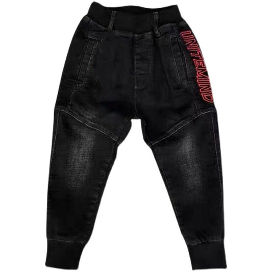 Jongensbroek Casual Zwarte Jeans met Streep en Print voor Kinderen/ Tieners