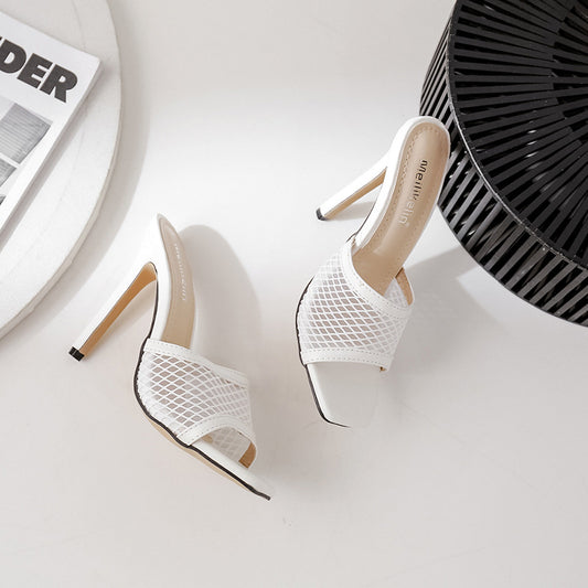 Europese en Amerikaanse Unieke Stijlvolle Open Teen Muiltjes met Stilettohak van Mesh & PU-Leer voor Dames