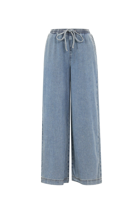 Geweven Katoen Vrouwen Wide Leg Jeans Sporty Solide Kleur