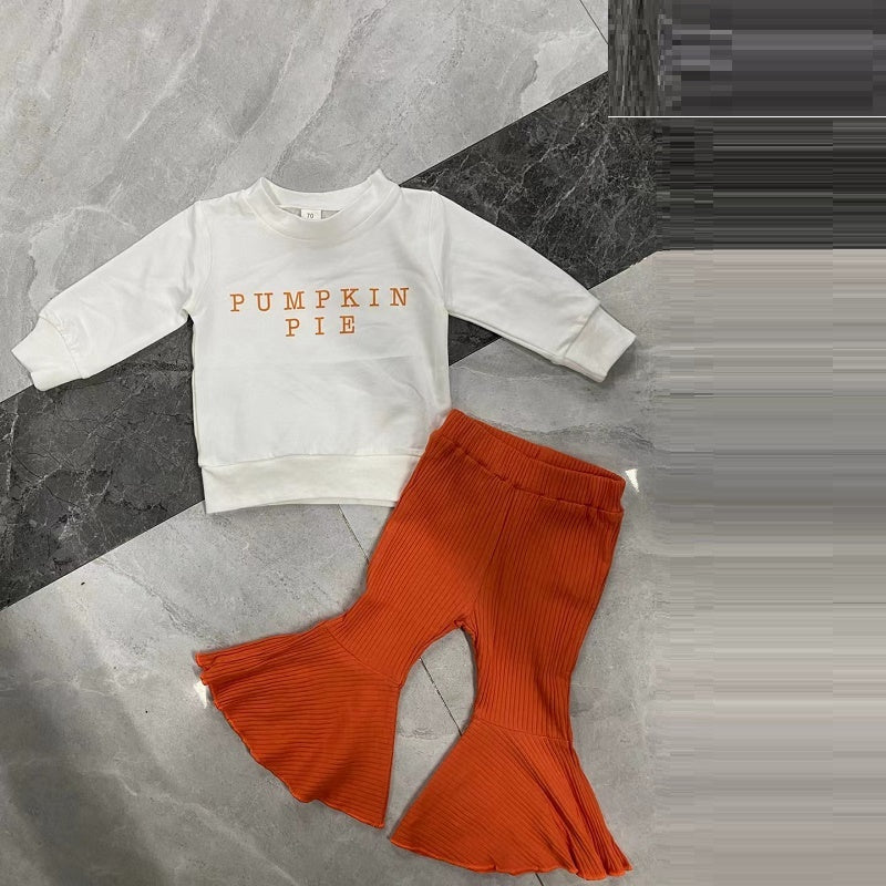 Pumkin Pie 2-delige Set Witte Sweatshirt met Letterprint & Uitlopende Broek voor Peuters/ Kinderen