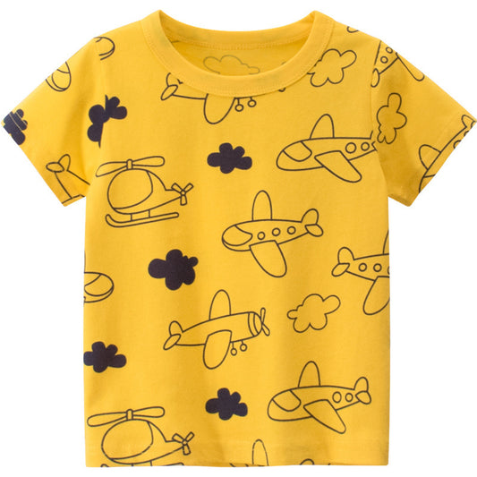 Trendy Casual Bedrukte Cartoonprint Ronde Hals Geel T-shirt met Korte Mouwen voor Kinderen
