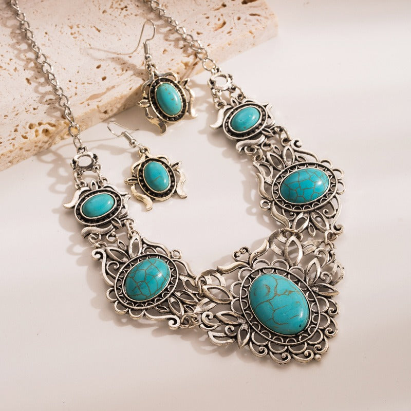 Elegante Sieradenset Klassieke Retro 18K Verguld Zilveren Statement Halsketting & Oorbellen van Legering met Ovale Turquoise Stenen voor Dames