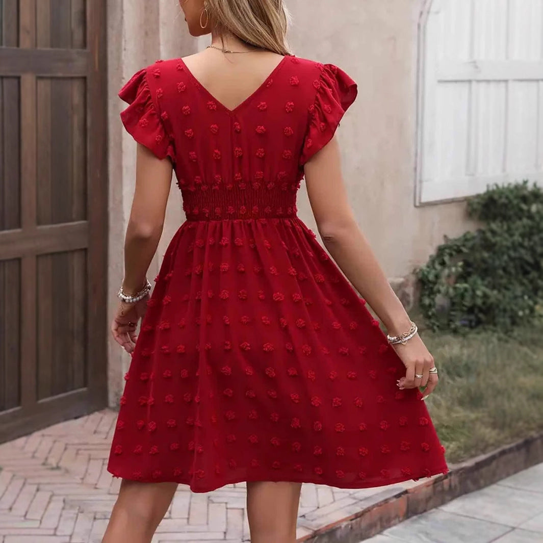 Elegante Jacquard Big Fur Ball Elastische Taille V-hals Jurk met Ruche Korte Mouwen voor Dames