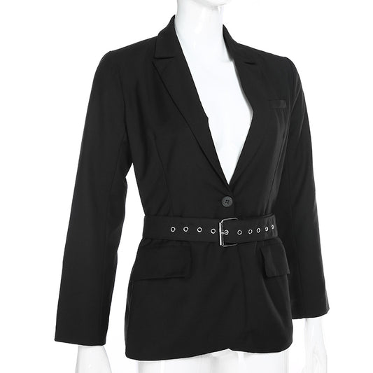 Lange Zwarte Blazer-jas met V-hals en Sjerp voor Dames