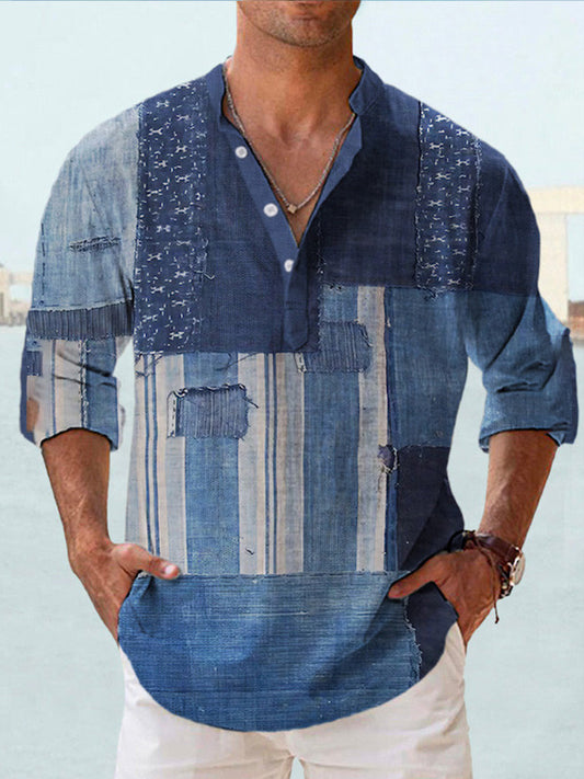 Amerikaanse Casual Dunne Linnen Henley T-shirt met Bedrukte Hawaiiaanse Etnische-print met Lange Mouwen voor Heren