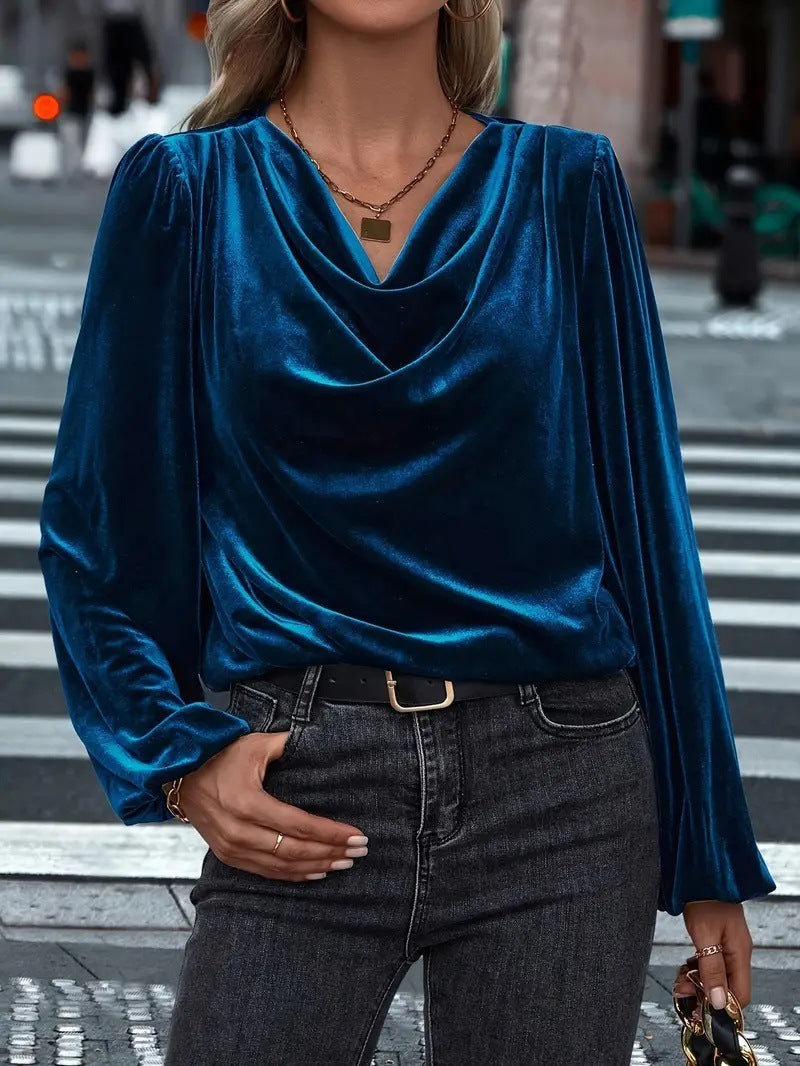 Elegante Effen Fluwelen Top met Lantaarn Mouwen en Watervalhals voor Dames & Plus-size