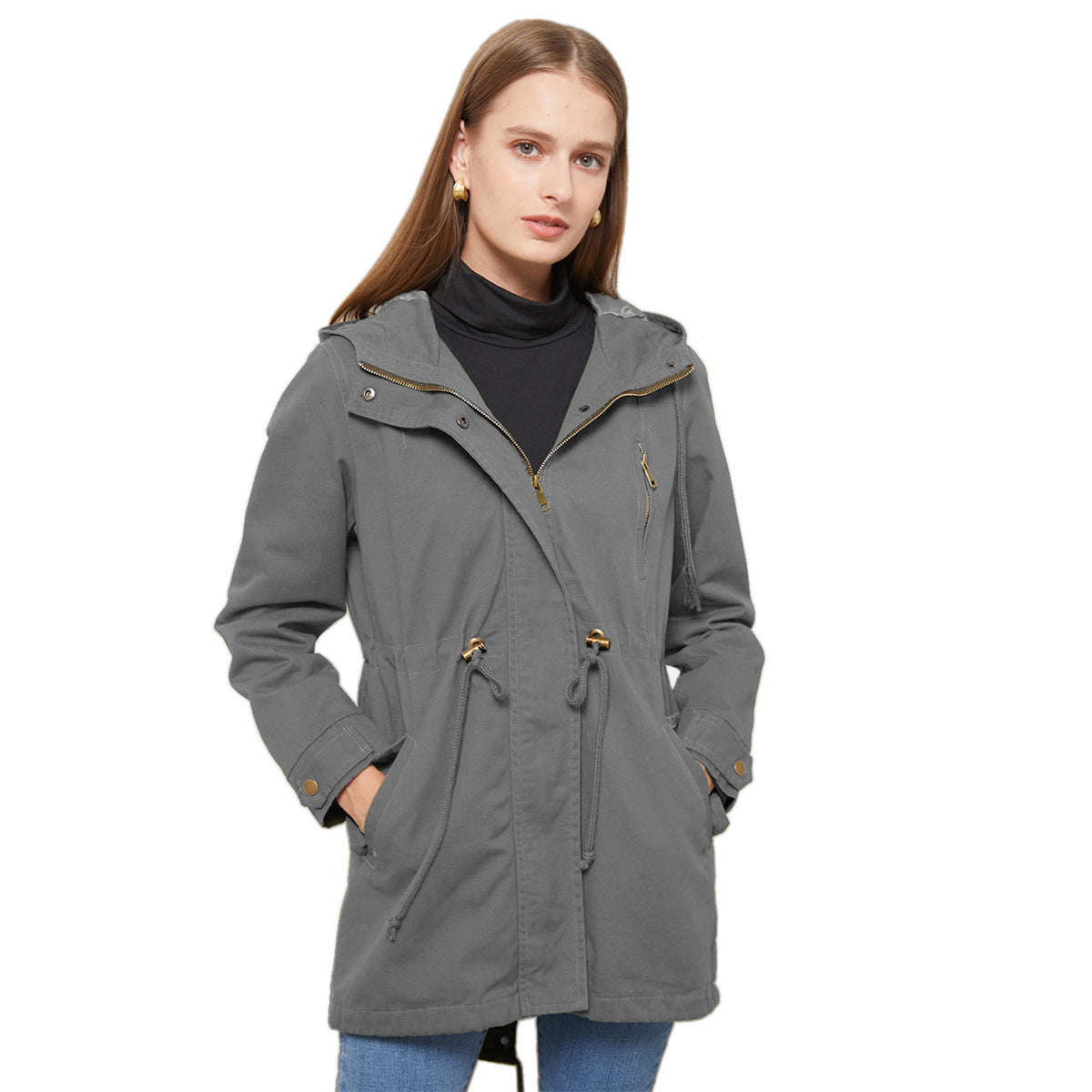 Stijlvolle Casual katoenen Anorak in Effen Kleur met Capuchon en Ritssluiting voor Dames & Plus-size